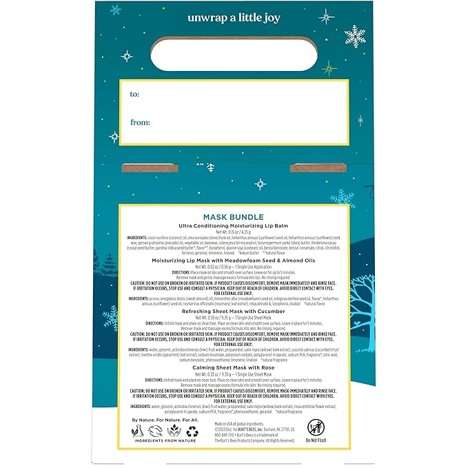 Burt’s Bees® Mask Bundle Gift Set; Moisturizing Lip Mask, Ultra Conditioning Lip Balm, Refreshing Sheet Mask, Calming Sheet Mask; Festive Packaging; 1 Gift Set (Pack of 6)