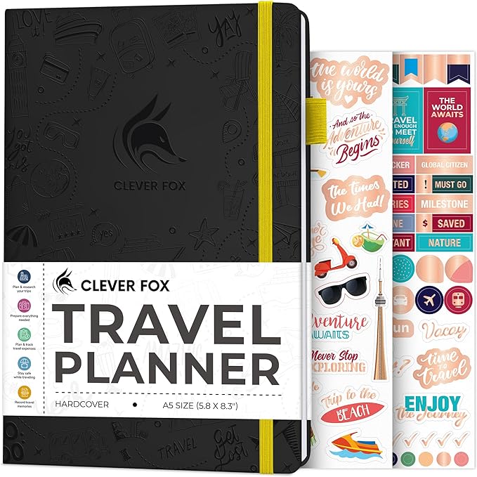 Clever Fox Travel Journal – Vacation & Trip Organizer with Budget Plan, Packing List, Travelling Expense Tracker, A5 (Black)