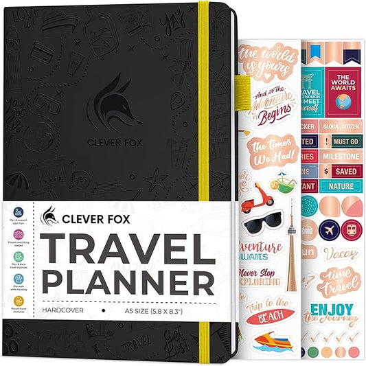 Clever Fox Travel Journal – Vacation & Trip Organizer with Budget Plan, Packing List, Travelling Expense Tracker, A5 (Black)