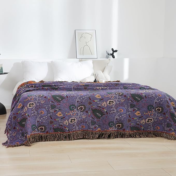 Boho Throw Blanket for Bed 100% Cotton Ultra Soft Rustic Quilt Farmhouse Decor Bed Fall Blankets,All Season Rustic Throw for Sofa Couch Chair (Flower-Purple, 90"×98")