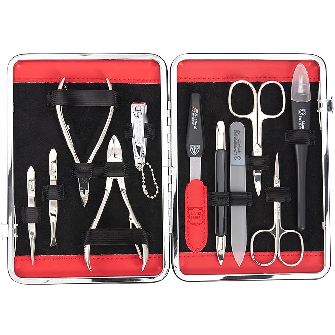 3 Swords Germany - brand quality 11 piece manicure pedicure grooming kit set for professional finger & toe nail care scissors clipper red genuine leather case in gift box, Made in Germany