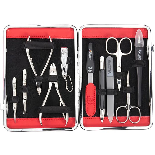 3 Swords Germany - brand quality 11 piece manicure pedicure grooming kit set for professional finger & toe nail care scissors clipper red genuine leather case in gift box, Made in Germany