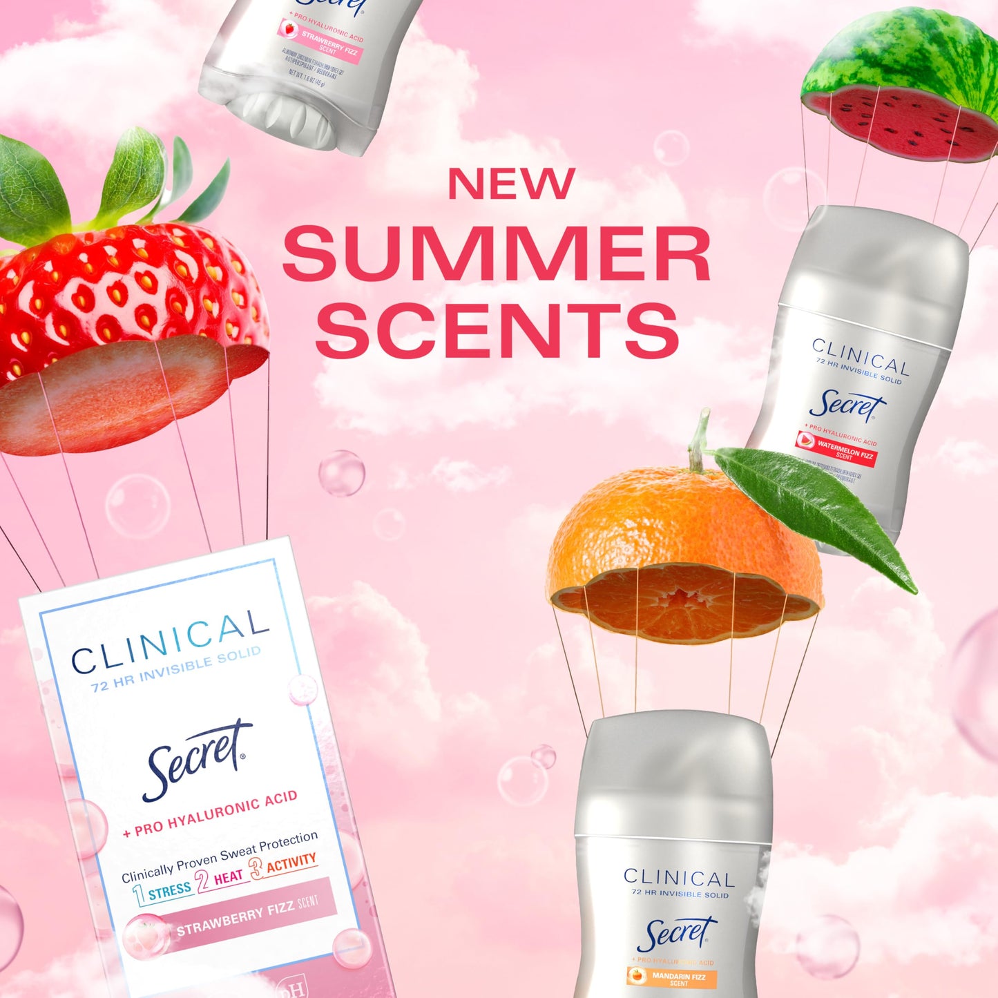 Secret Clinical Strength Antiperspirant Deodorant for Women, 3X Stress Protection, 72hr Sweat & Odor Protection, Pro-Hyaluronic Acid, Invisible Solid, Strawberry Summer Fizz Scent, 1.6 oz