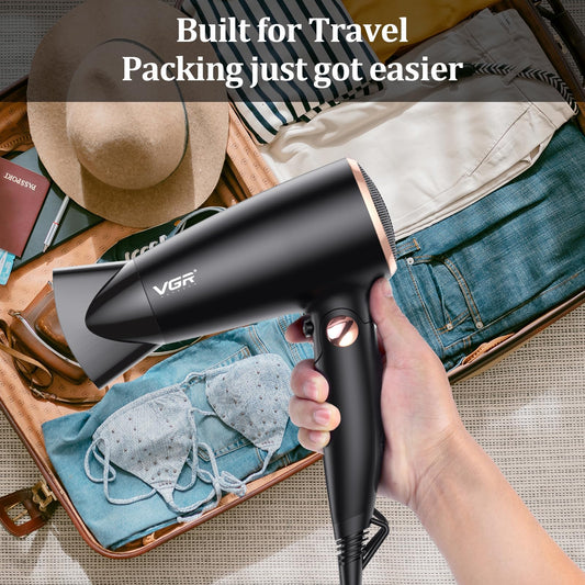VGR Dual Voltage(100~250V) Travel Hair Dryer with European Plug Adapter for International Travel, Portable Hair Dryer with Concentrator Nozzles