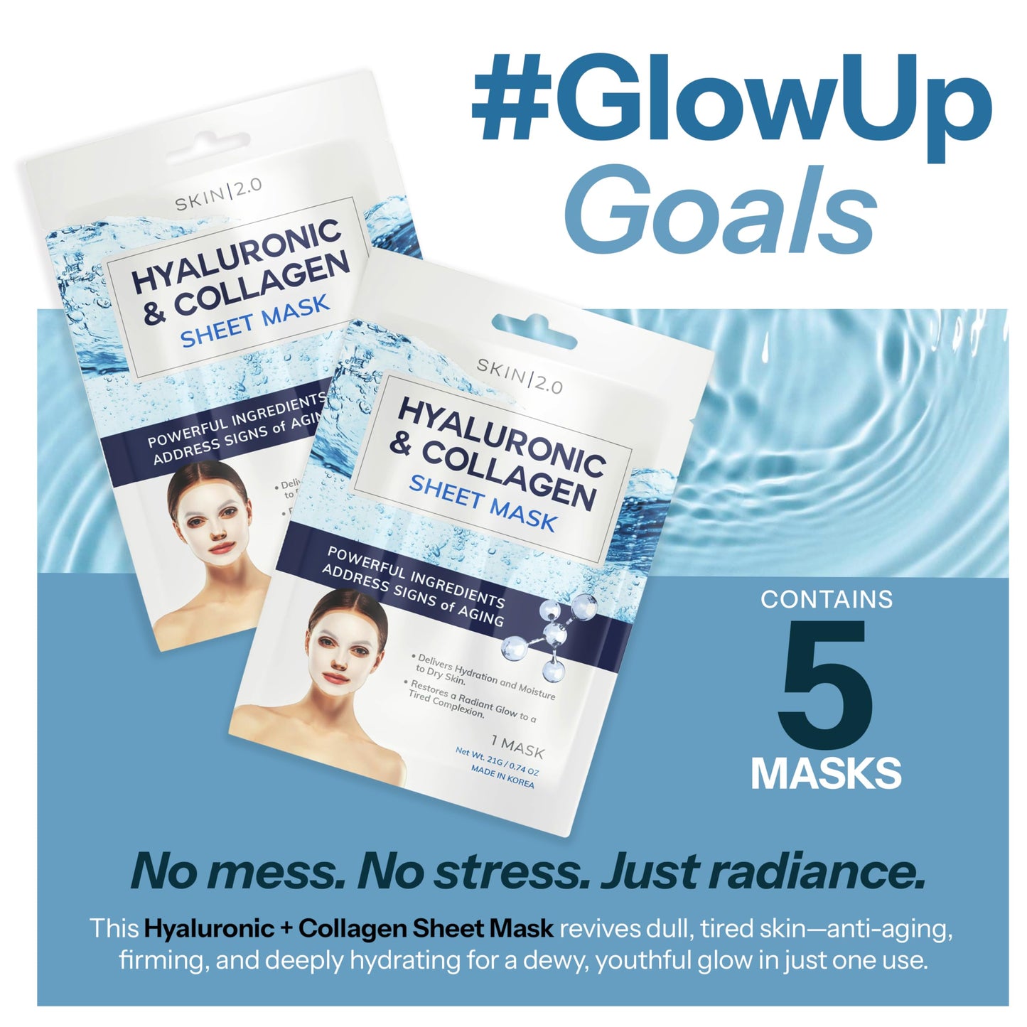 Skin 2.0 Hyaluronic Acid & Collagen Sheet Mask - Hydrating, Anti-Aging, Firming - Dermatologist Tested Korean Skincare - Clean Beauty, Natural Ingredients, Cruelty-Free, All Skin Types - 5 Masks