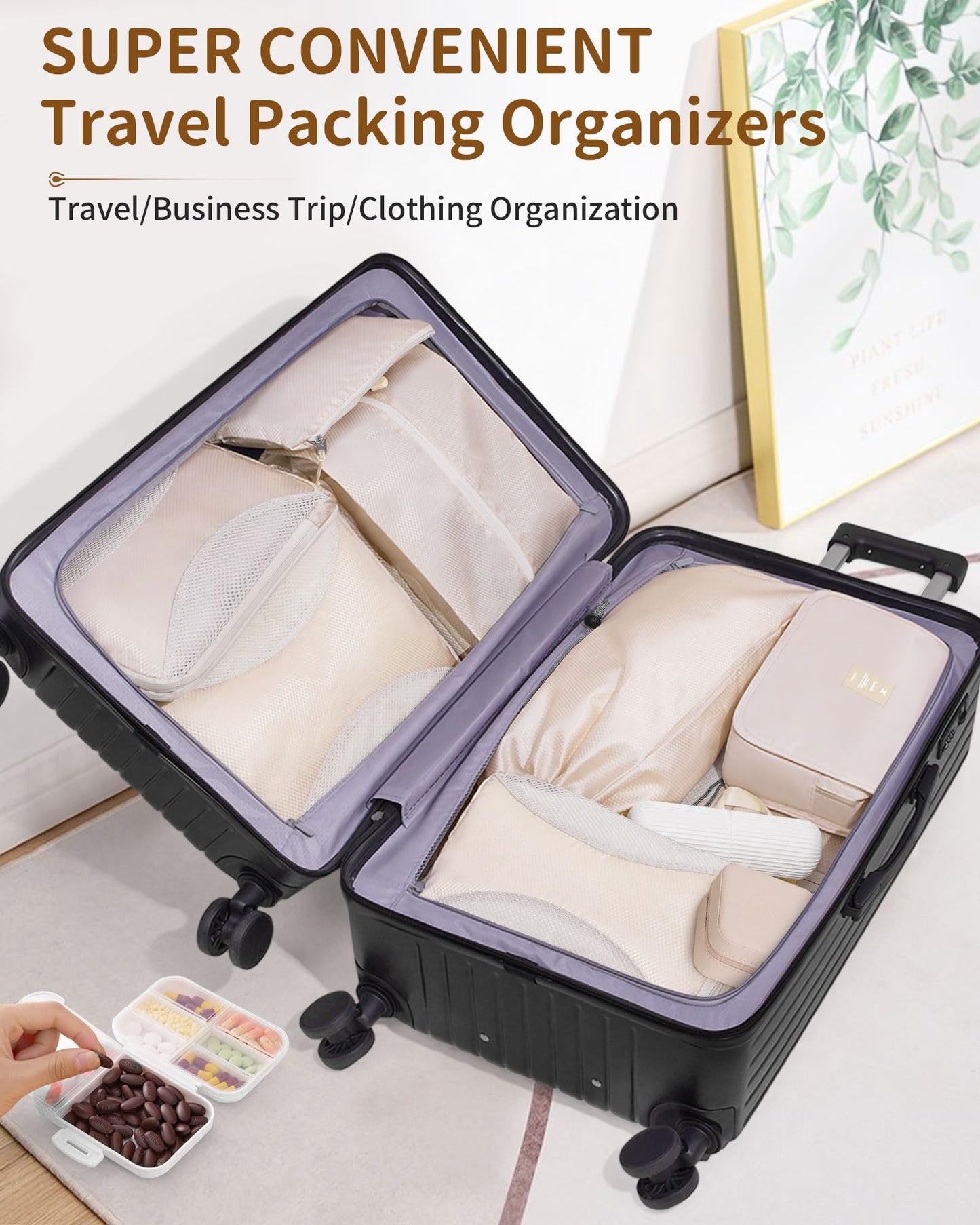 Compression Packing Cubes 12 Set, Suitcase Organizers, Extendable Packing Cubes, Luggage Organizer Bags, Travel Essentials, Beige