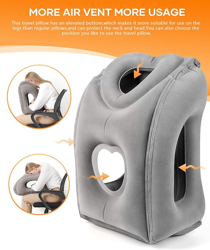 Sunany Travel Pillow, Upgraded Plane Pillow for Long Flights, Inflatable Neck Pillow Used for Airplanes,Cars,Buses,Trains,Office Napping with Eye Mask,Earplugs (Gray)