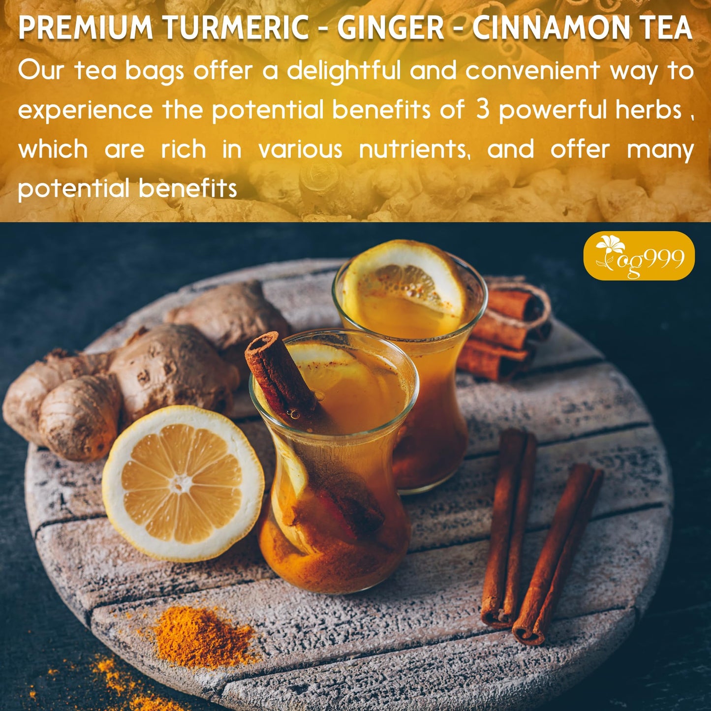 30 Bags Premium Turmeric Ginger Cinnamon Tea, Improve Digestion, Support Brain, Weight, Skin and Sleep, Eco-Conscious Tea Bags and Premium Natural Ingredients. Turmeric Ginger Herbal Tea. No Sugar, No Caffeine, No Gluten, Vegan.
