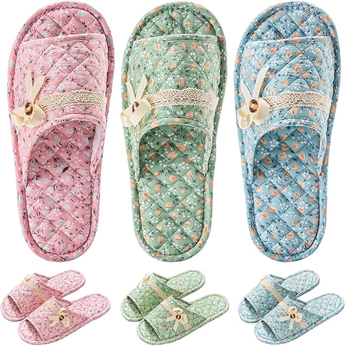 3 Pairs Floral Cotton House Slippers for Women, Open Toe Indoor Slippers Comfortable Washable Portable Foldable Guest Travel Hotel Airplane Spa Slippers