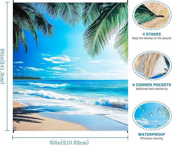 Beach Blanket Waterproof Sandproof, Palm Tree Oversized Extra Large Picnic Mat 83"×95"/8 × 7 FT for 1-7 Adults for Travel Camping Hiking, Quick Drying Lightweight Outdoor Beach Vacation Essentials