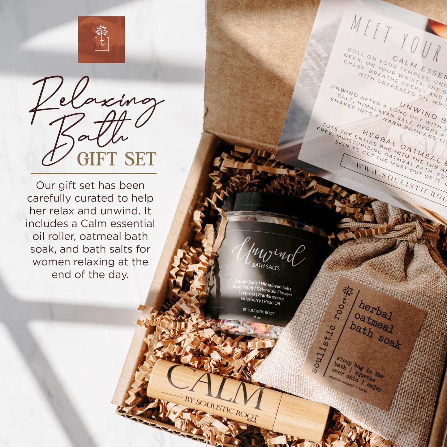 Soulistic Root Relaxing Bath Gift Set, Luxury Spa Gifts for Women, Self Care Products for Women and Men, Calm Essential Oil Roller, Oatmeal Lavender Bath Soak & Epsom Salts with Essential Oils