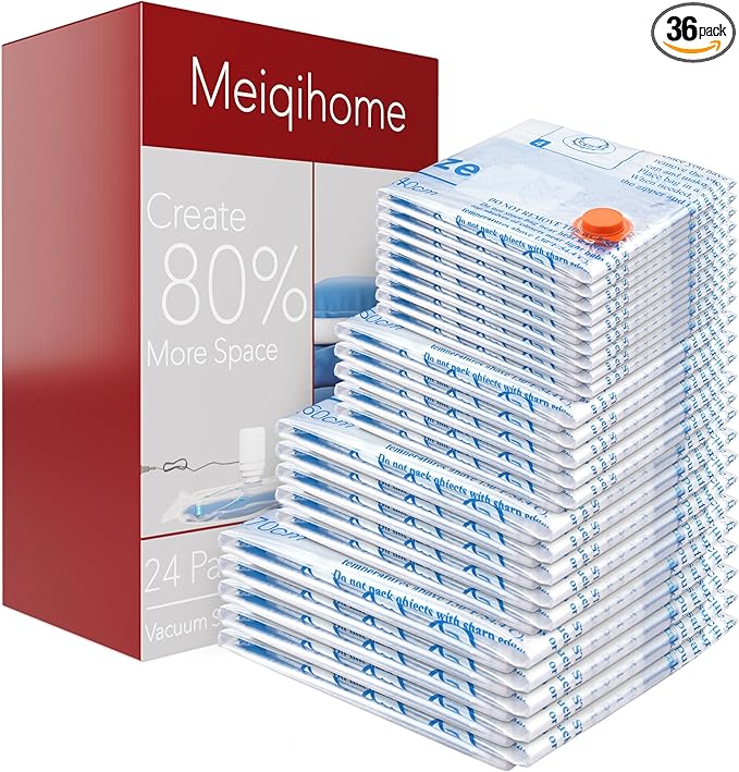 36 Pack Vacuum Storage Bags with Electric Pump, Vacuum Seal Bags for Clothing, Pillows, Blanket, Bedding, Comforters,Includes 6 Jumbo,6 Large,6 Medium,6 Small,6 Travel bags and 6 small Travel bags