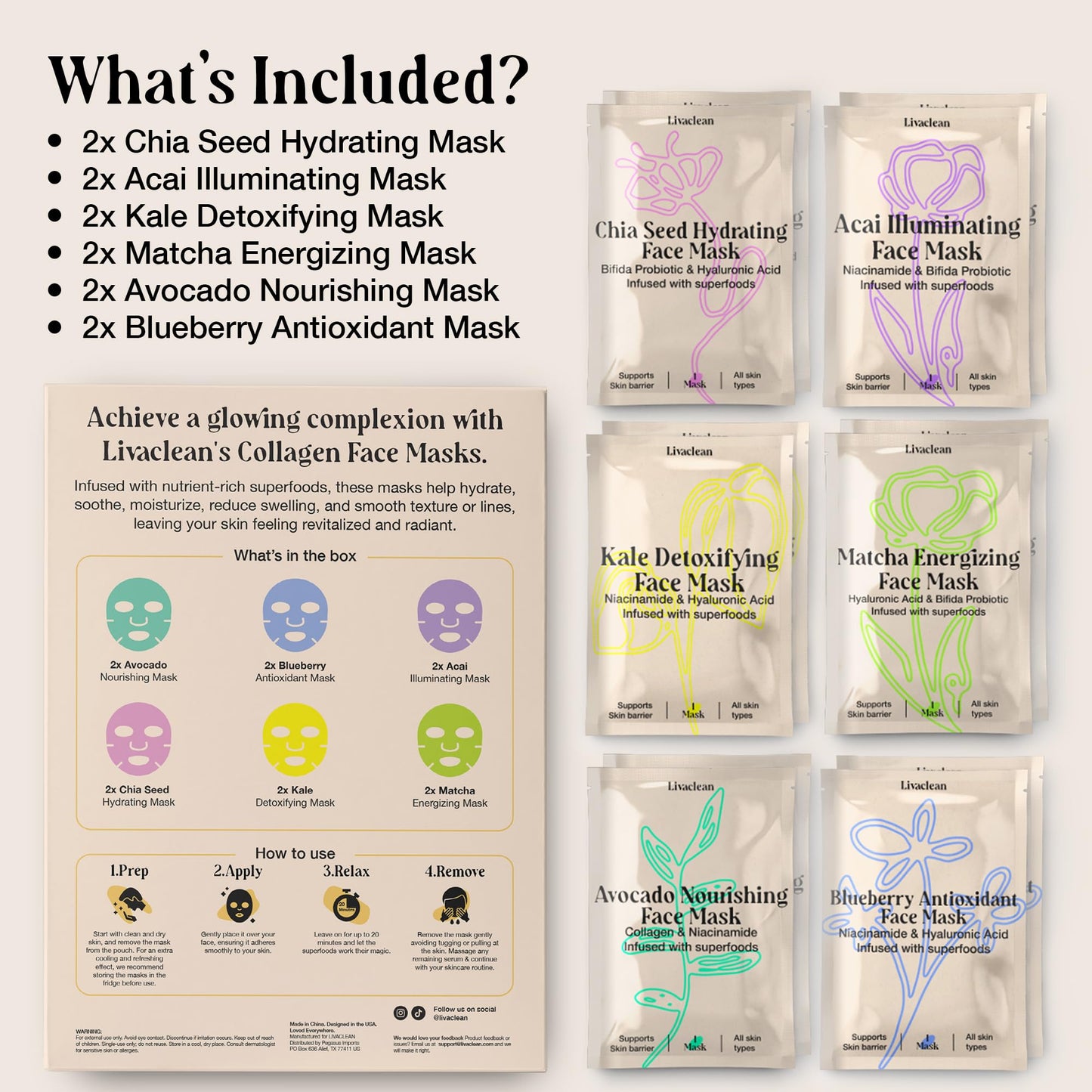 LivaClean 12 CT Face Masks Skincare - Collagen Sheet Mask - Hydrating Face Masks Bulk with Glycerin, Hyaluronic Acid, Aloe Vera - Soothing, Refreshing, Moisturizing Formula for All Skin Types