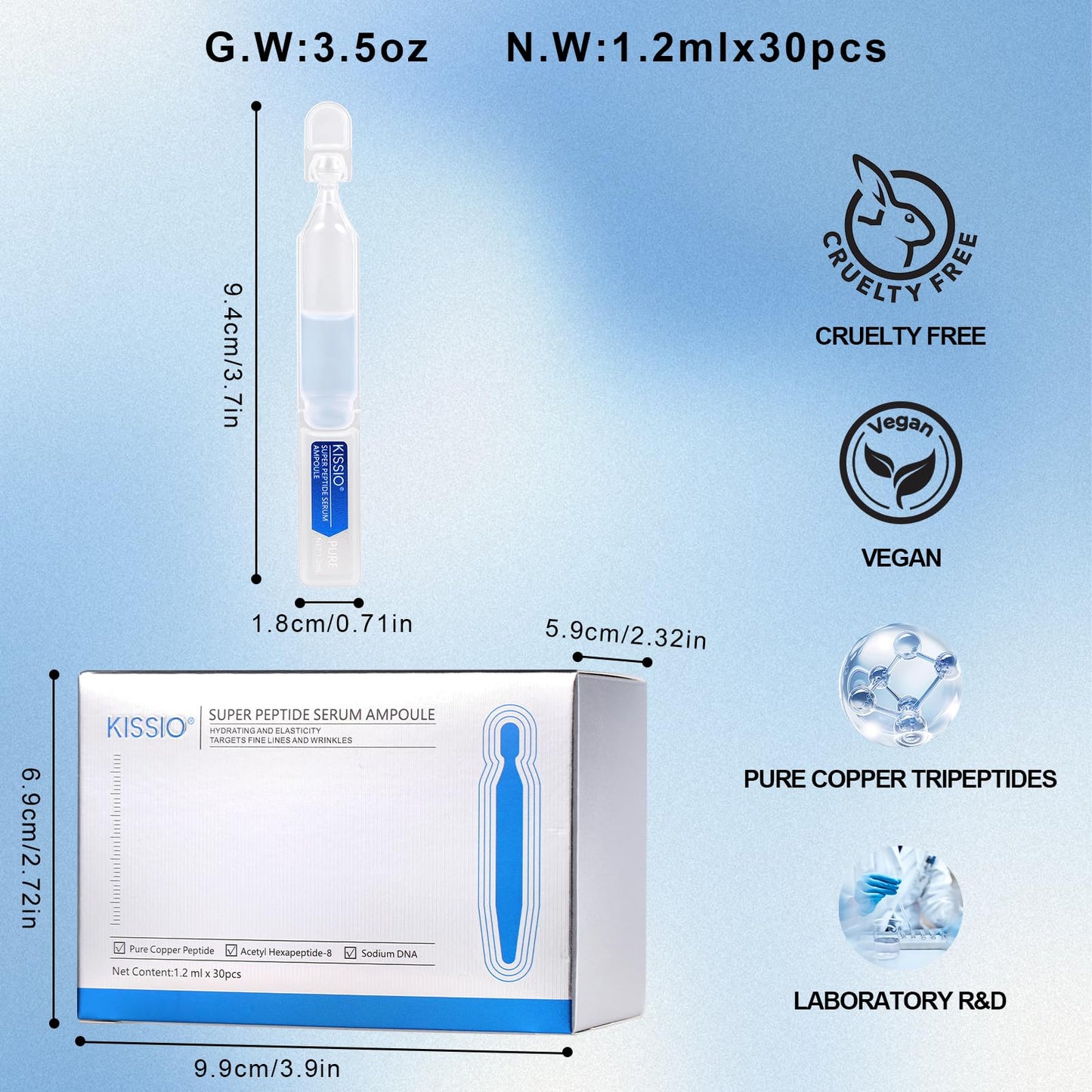 KISSIO Super Peptid Serum Ampoule,Face Moisturise with Copper Tripeptides,Collagen and Niacinamide,Hydration and Elasticity,Facial Serum for Fine Lines and Wrinkles,Makeup Base,1.2 ml x 30e