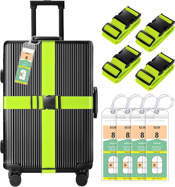 8 Pack Luggage Straps and Cruise Luggage Tags Set (4 Straps, 4 Narrow Tags), Luggage Straps for Suitcases TSA Approved Suitcase Tags, Green