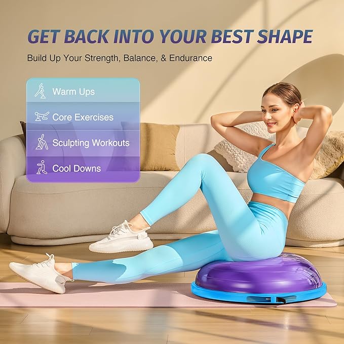 ZELUS 25in. Balance Ball | 660lb Inflatable Half Exercise Ball Wobble Board Balance Trainer w Nonslip Base | Half Yoga Ball Strength Training Equipment w 2 Bands, Pump, Extra Ball Included