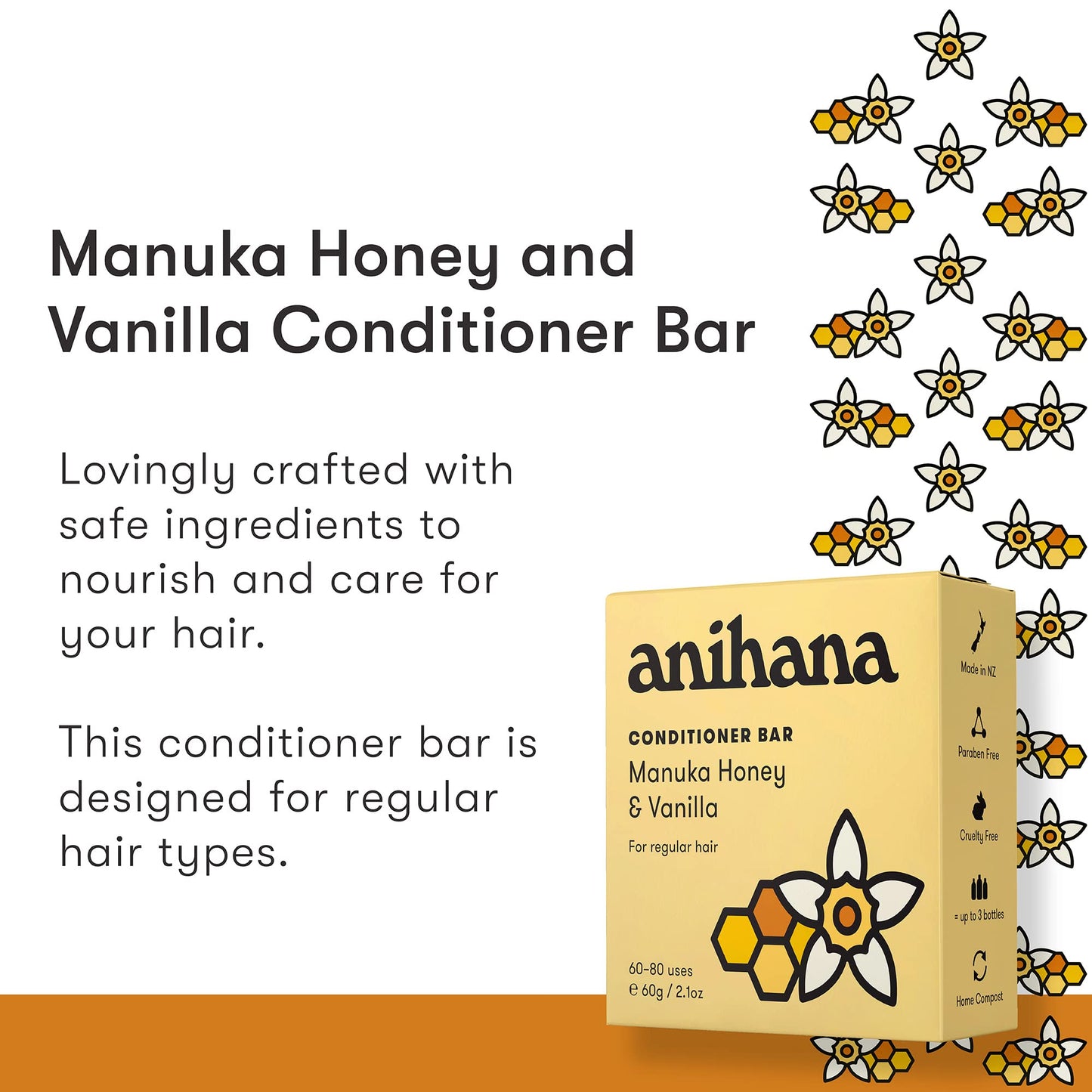 ANIHANA Conditioner Bar for Regular Normal Hair Clean Purifying Natural Healthy Look and Shine Paraben Free Manuka Honey and Vanilla 2.1 oz