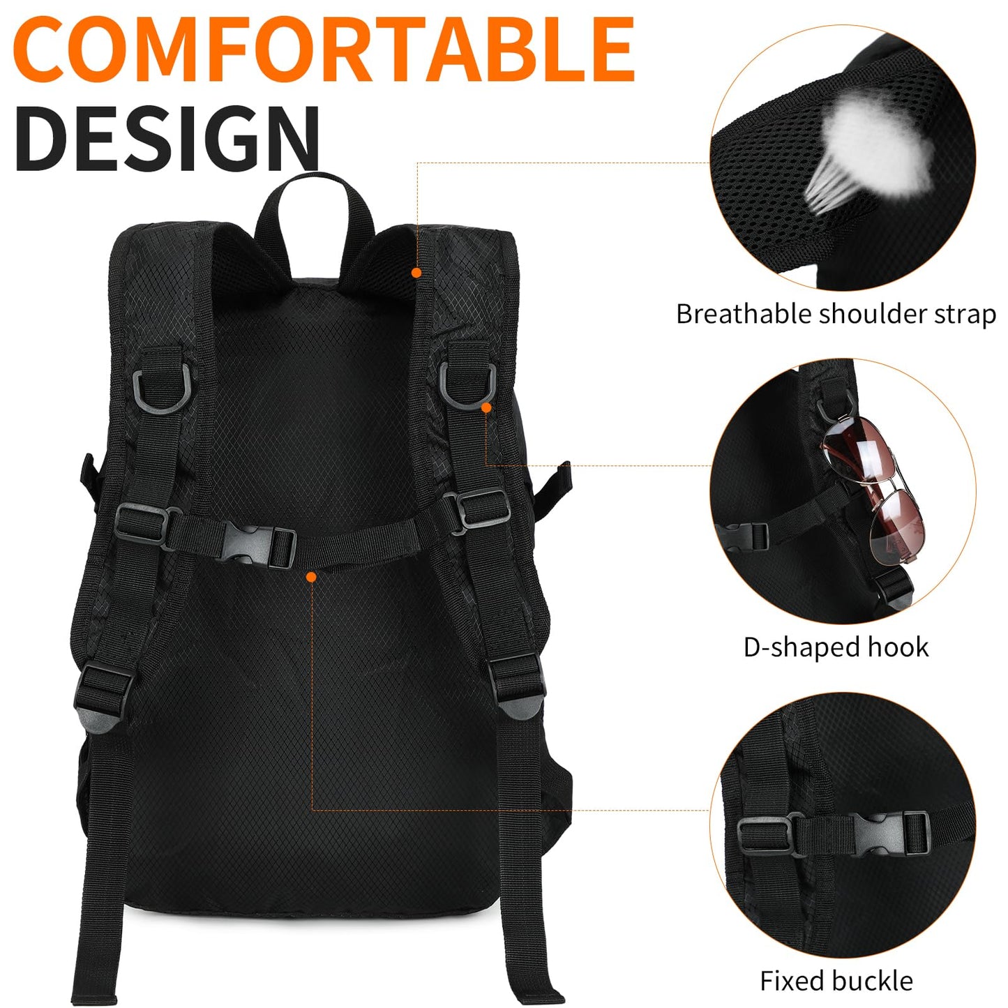 SFIUYDS Small Hiking Daypack,15L Water-Resistant Hiking Backpack Packable Lightweight Travel Day Pack for Women Men (Black, Small)