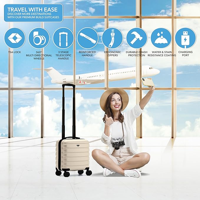 Carry On Suitcase Hardside TSA Lock & USB Port Silent Double Spinner Wheels Maximum Underseat Carry-On Bag For Virgin & South West Approved Airlines( 16.25x13.5x8" ,Cream/Black )