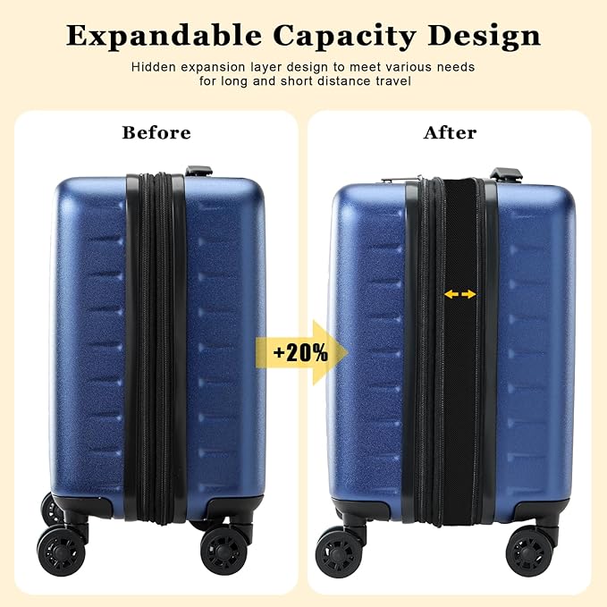 16 Inch Carry On Luggage Airline Approved, Expandable Lightweight ABS+PC Hard Shell Suitcases with 360° Spinner Wheels, TSA Lock, YKK Zippers (Navy Blue, 1 PC)