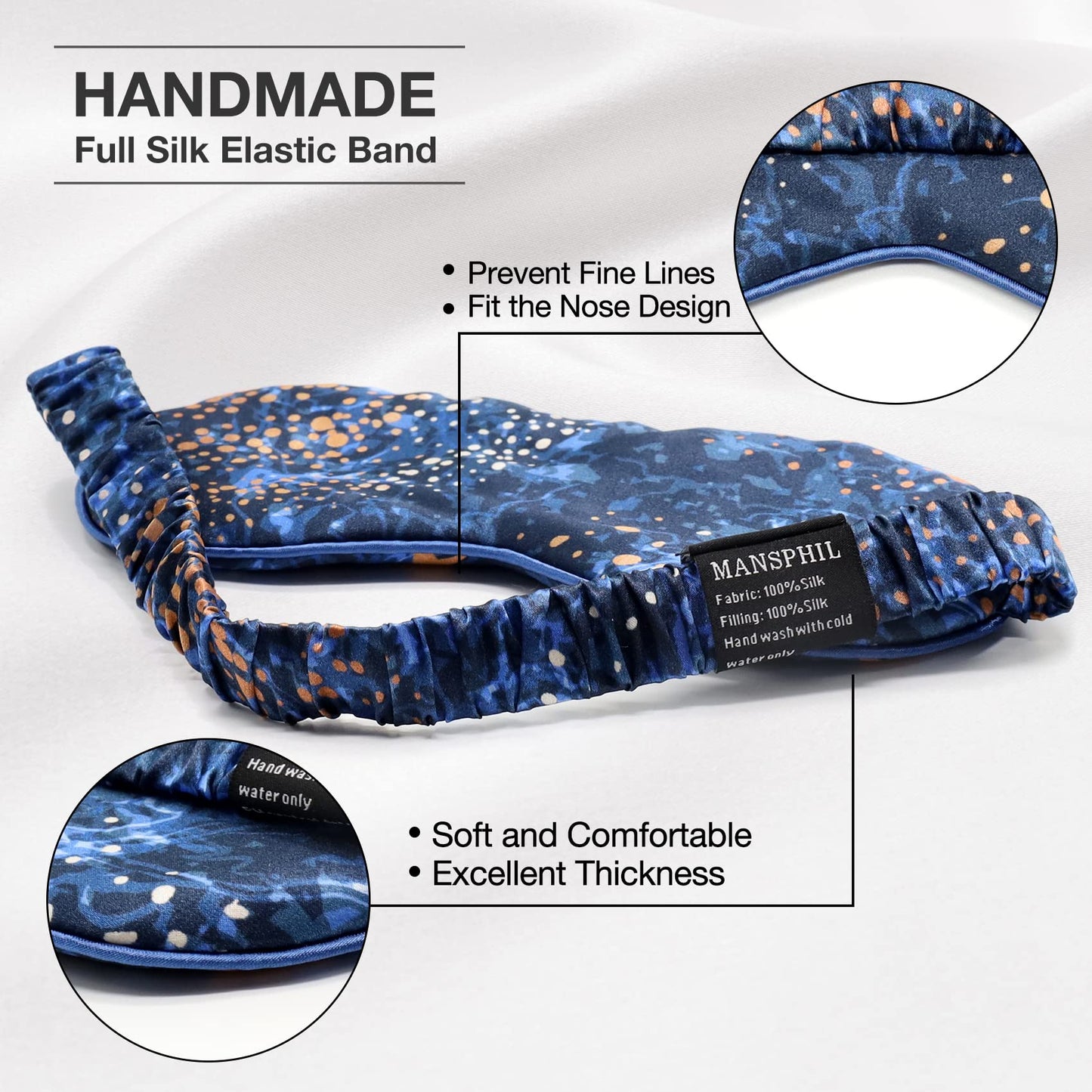 MANSPHIL 100% Mulberry Silk Eye Mask for Sleeping, Blue Galaxy Printed Silk Filled Sleep Mask for Travel, Nap. Lightweight