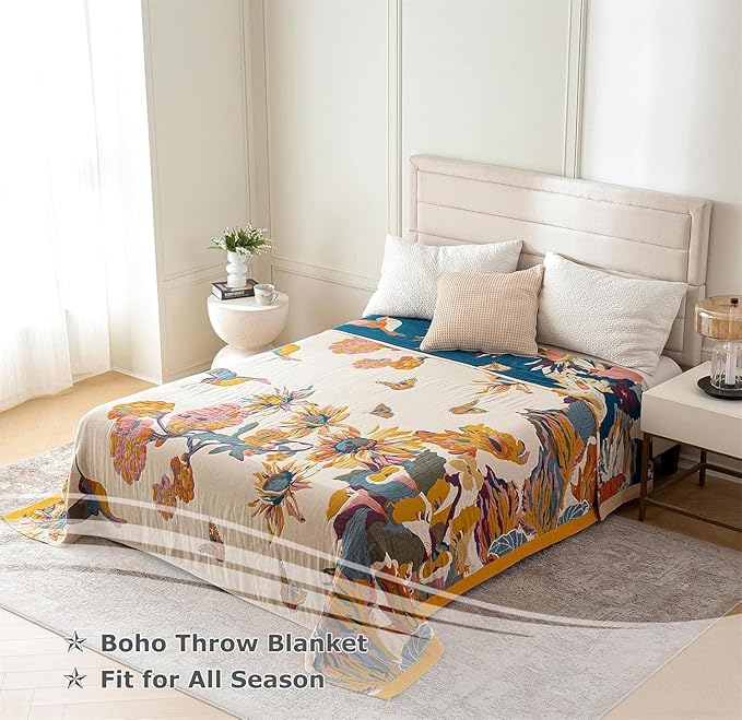 King Throw Blanket for Bed 100% Cotton Boho Ultra Soft Rustic Quilt Butterfly and Floral Double Embroidery Fall King Bed Blanket,90"×108" All Season Blankets for Bedding Couch
