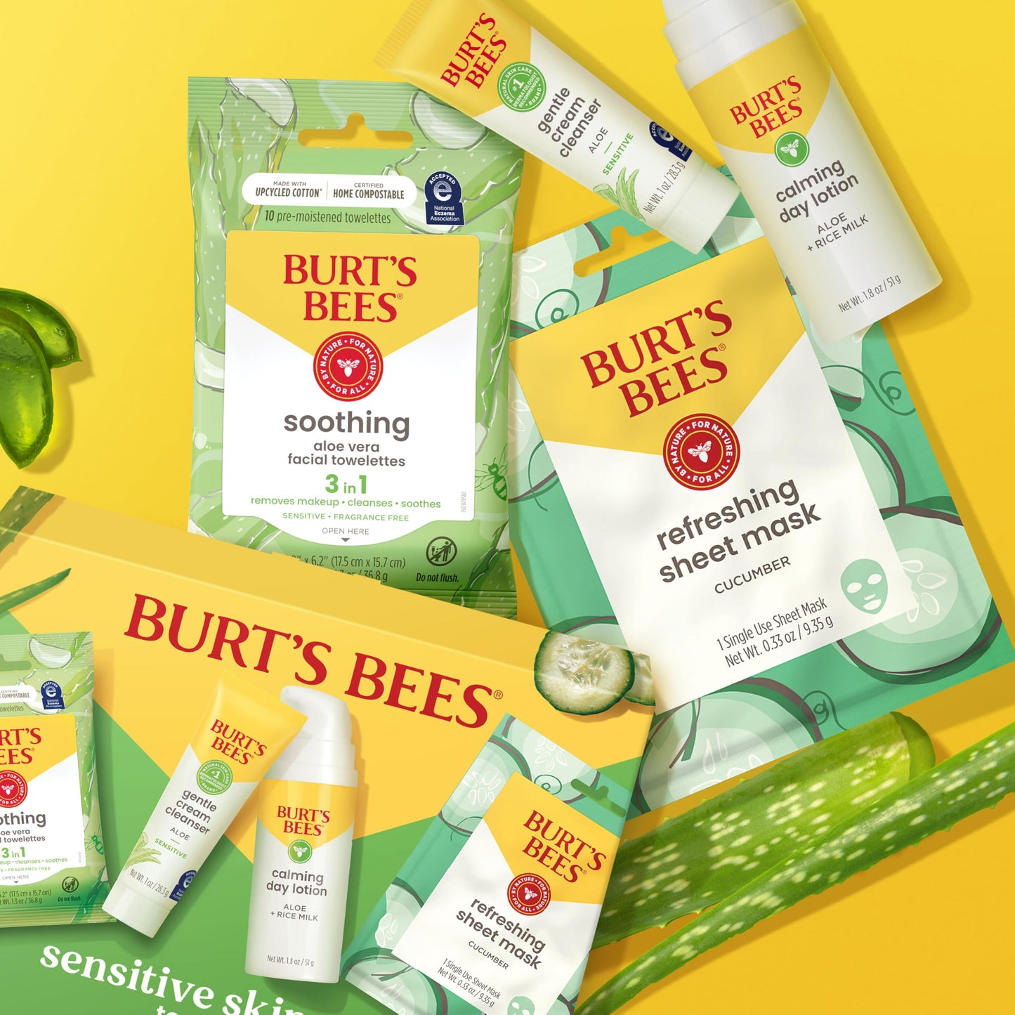 Burt's Bees Gentle Skin Care To-Go Set, Includes Cleanser, Towelettes, Lotion and Sheet Mask, Travel Size Facial Skin Care Products for Sensitive Skin, Natural Origin, 1 Gift Set