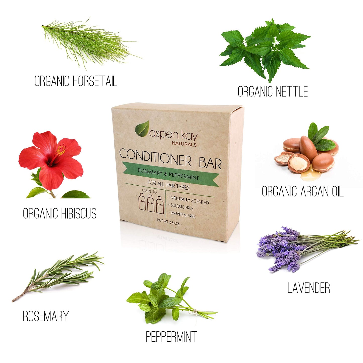 Aspen Kay Naturals Conditioner Bar, Made With Natural & Organic Ingredients, All Hair Types including frizzy hair, 2.3 Ounce Bar. (Rosemary & Peppermint)