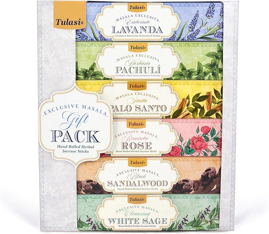 Tulasi Herbal Masala - Gift Pack of 6 x 15Gm, Hand Rolled Fragrance Incense Sticks for Aromatherapy, Relaxing, Yoga, Meditation, Prayer, 120 Herbal Incense Sticks with Natural Oils