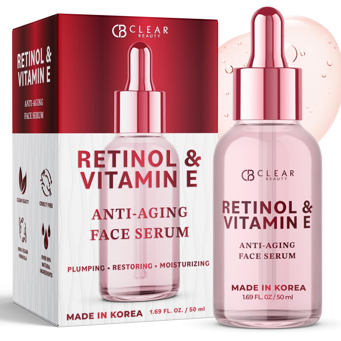 Clear Beauty Retinol & Vitamin E Facial Serum – Dermatologist-Tested, Anti-Aging, Hydrating & Revitalizing Korean Skincare – Vegan, Clean Beauty, Cruelty-Free, Sulfate-Free, Non-GMO – 1.69 fl. oz.