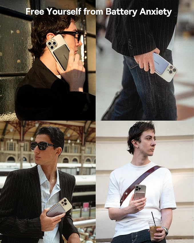 Baseus Picogo Power Bank, 0.3" Ultra Slim 5000mAh MagSafe Portable Charger, Card-Size Magnetic Battery Pack with USB-C Braided Cable, Alloy Wireless Charger for iPhone 17 Pro Max/17 Air/16/15/14/13/12