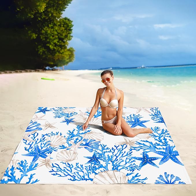 Beach Blanket Sandproof, 78”x 86” Large Waterproof Sand Free Beach Mat with 4 Stakes, Big Compact Lightweight Blue Outdoor Accessories for Beach, Picnic, Camping, Summer Vacation