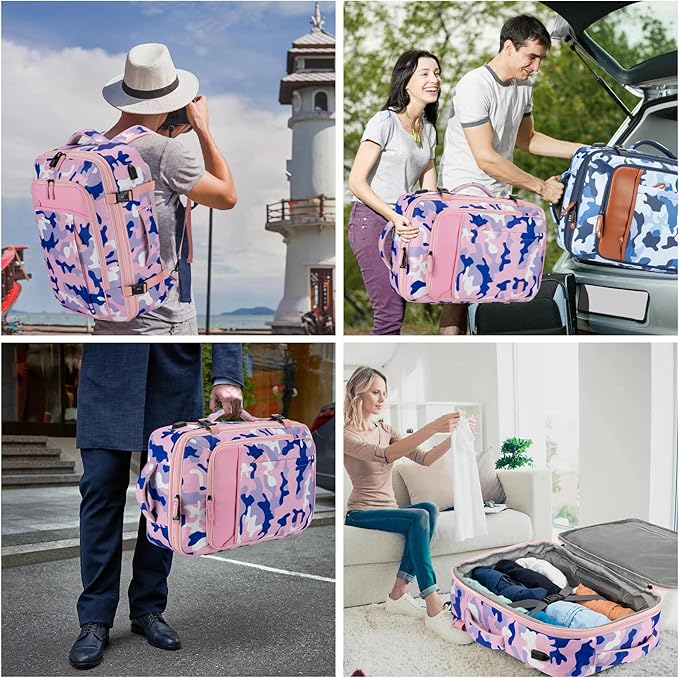 Carry on Travel Backpacks, Extra Large 40L Flight Approved Bag for Men & Women,Expandable Suitcase Backpack With 4 Packing Cubes,Water Resistant Luggage Daypack Business Weekender Bag,Camouflage Pink
