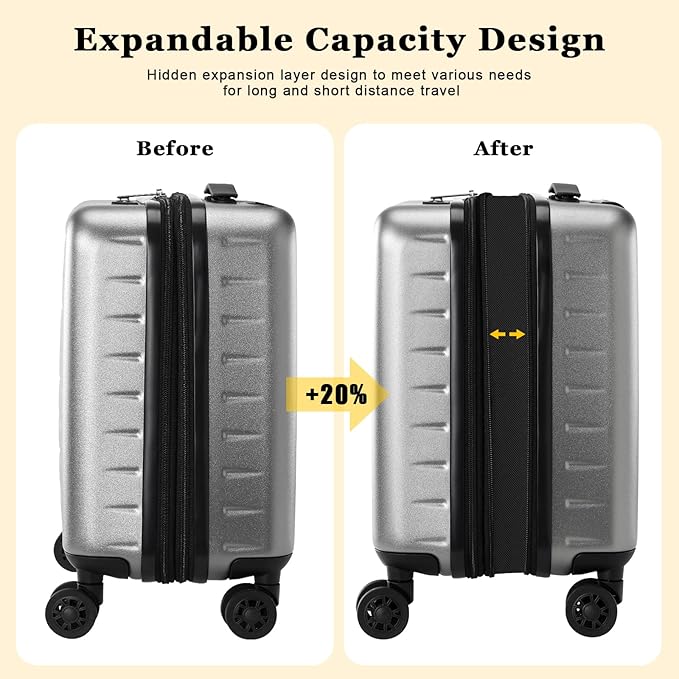 16 Inch Carry On Luggage Airline Approved, Expandable Lightweight ABS+PC Hard Shell Suitcases with 360° Spinner Wheels, TSA Lock, YKK Zippers (Dark Gray, 1 PC)