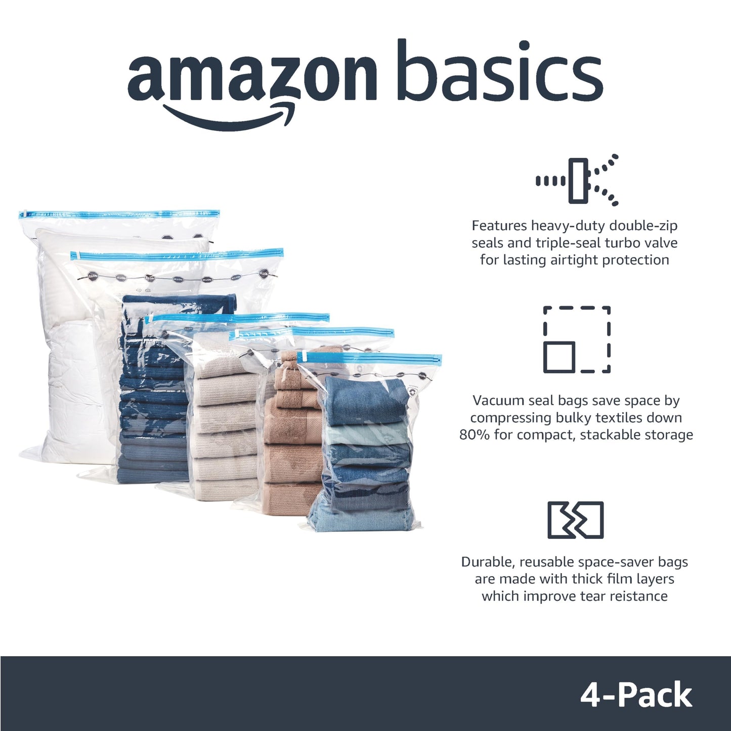 Amazon Basics Vacuum Compression Space Saving Storage Bags with Hand Pump for Clothes Packing, Ideal for Blankets, X-Jumbo Pack of 4