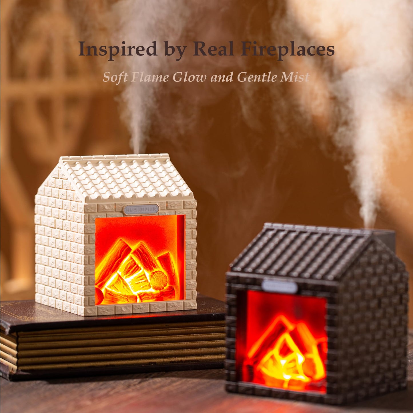Mini Fireplace Cool Mist Humidifier with Flame Light, USB Powered, Auto Shut-Off, Portable for Bedroom Office Travel, 200ml, Coffee Brown