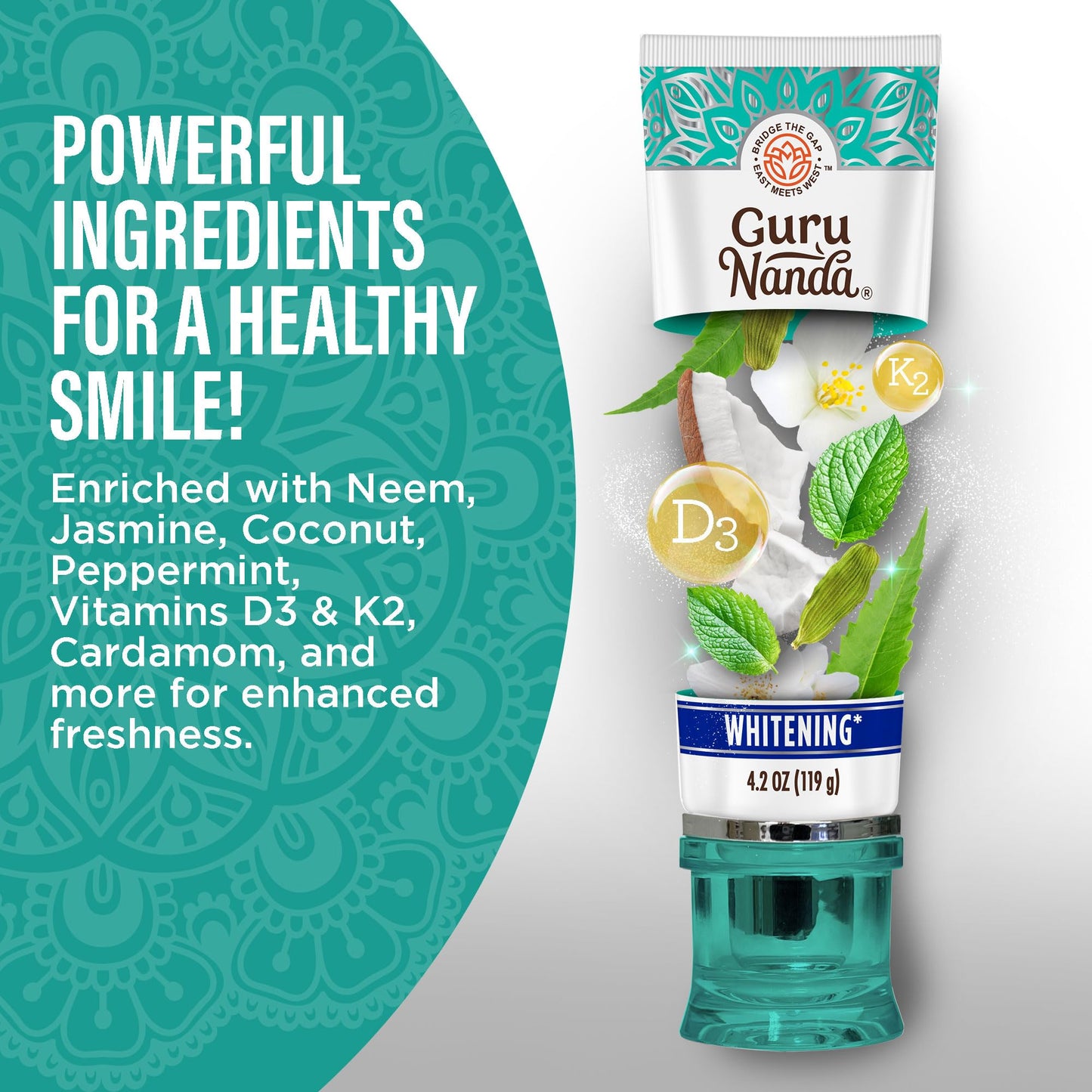 GuruNanda Hydroxyapatite Toothpaste, SLS & Fluoride Free, Whitening Toothpaste - Freshens Breath, Fights Plaque - Natural CocoMint Jasmine Neem, 4.2oz