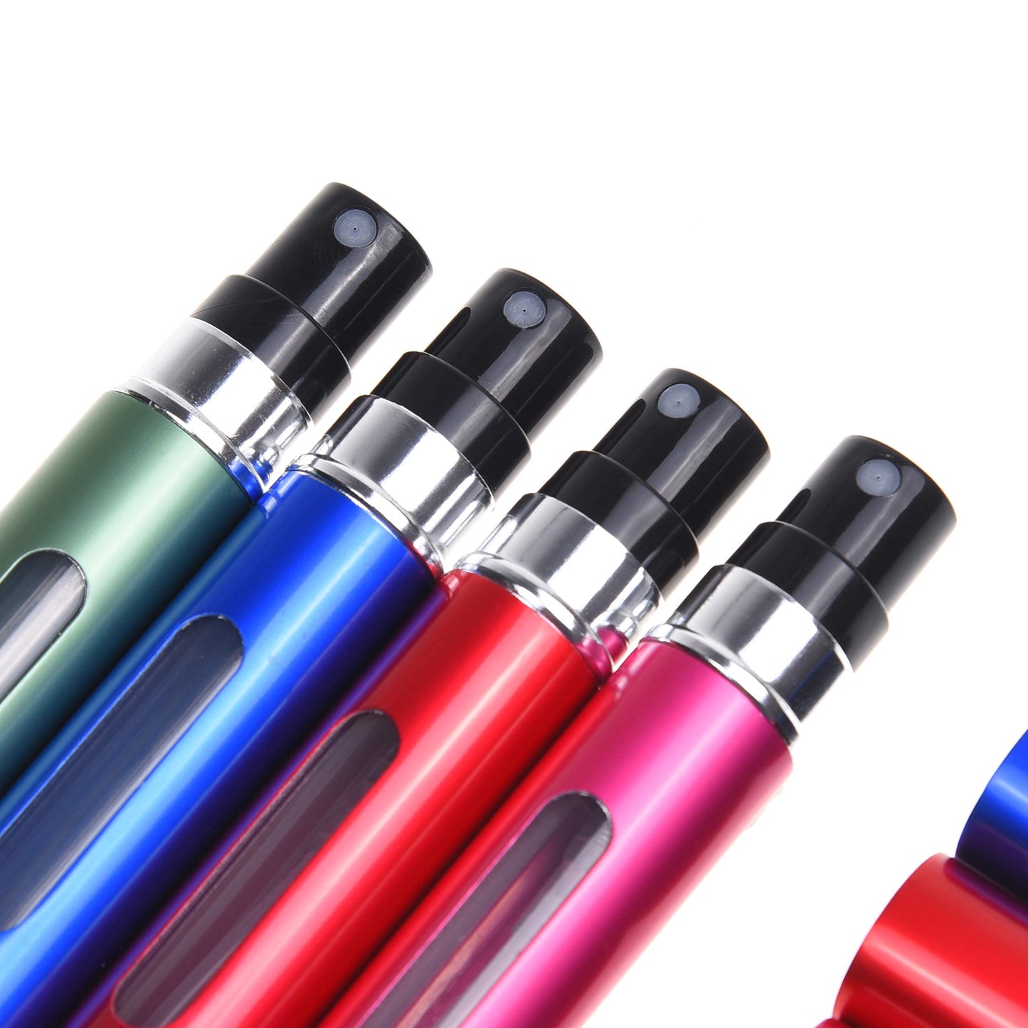 Kare & Kind 4x Mini Perfume Atomizer Bottles - Refillable Pump Spray Cases - Stainless Outer Shell with Transparent Glass Vial - For Perfumes, Body Sprays, Facial Mists, Oils - (Green/Blue/Pink/Red)