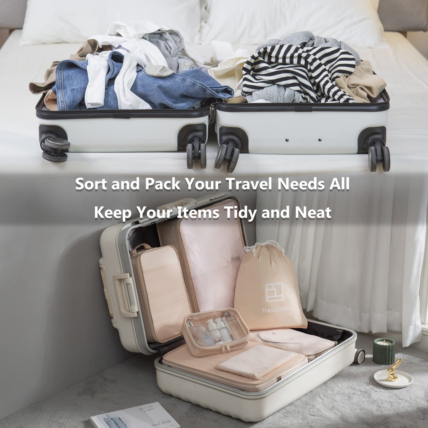 TianZong 7-piece Set Packing Cubes, Travel Bags for Luggage, Packing Organizers with Shoe Bag (Beige with a Toiletry Bag)