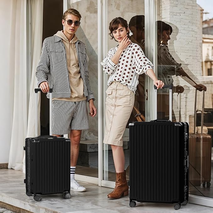 AnyZip Luggage Sets 2 Piece Aluminum Frame Carry On and Checked Suitcase PC ABS Hard Shell TSA Lock No Zipper(Black, 20/28)