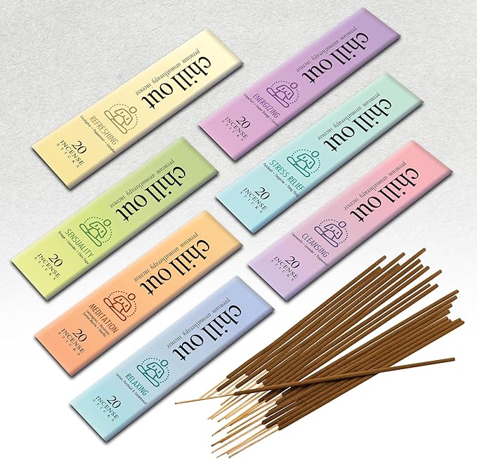 Mecka Chill Out Aromatherapy Incense Sticks Gift Set | Set of 7 Unique Scents- 140 Insence-Sticks for Yoga, Relaxation, Meditation & Positivity | Premium Organic and Slow Burning Insenses