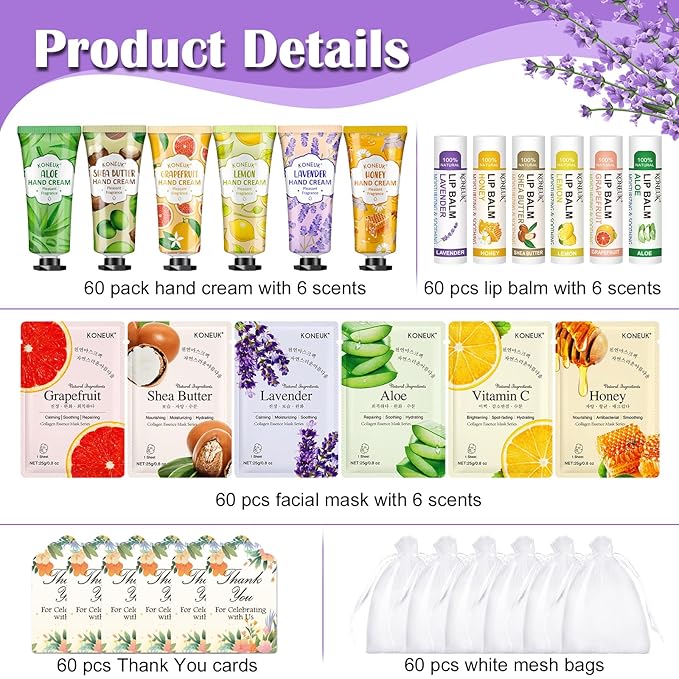 60 Pack Bulk Lip Balm, Facial Mask and Hand Cream Sets, Bridal Shower Favors, Thank You Gifts and Bridesmaid Gifts for Guests, Birthday Gifts, Adult Party Favors and Small Gifts for Women