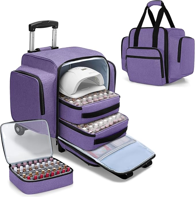 BAFASO Rolling Nail Polish Organizer Holds 144 Bottles, Nail Polish Case with a Detachable Dolly and 3 Removable Cases (Patented Design), Purple