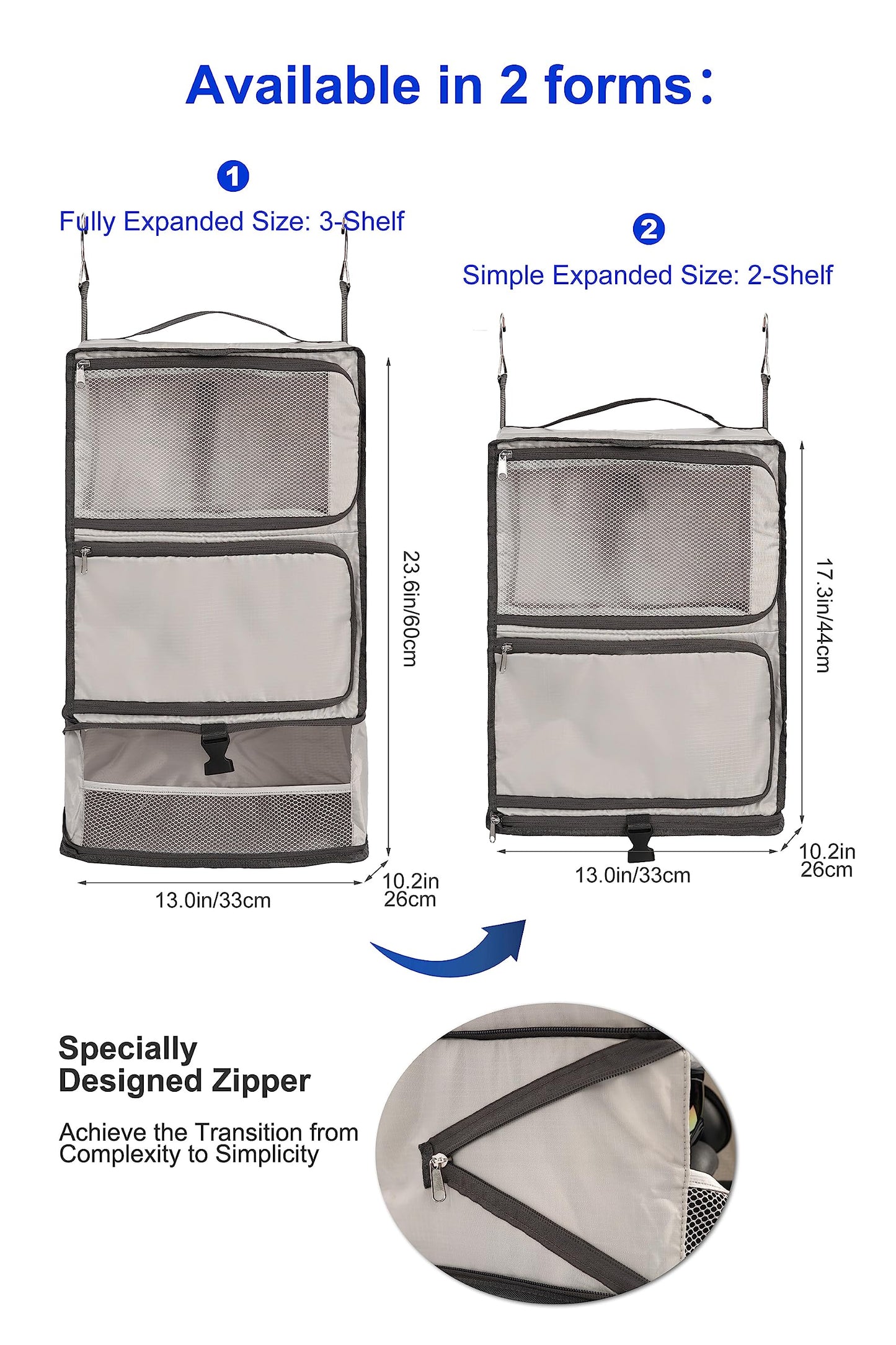 ELEZAY Hanging Packing Cubes Portable Closet 3-Shelf Travel Collapsible Compression Garment Organizer for Carry-on Luggage Suitcase Space Saver Bag X-Large_No Side Pockets, Lightgrey