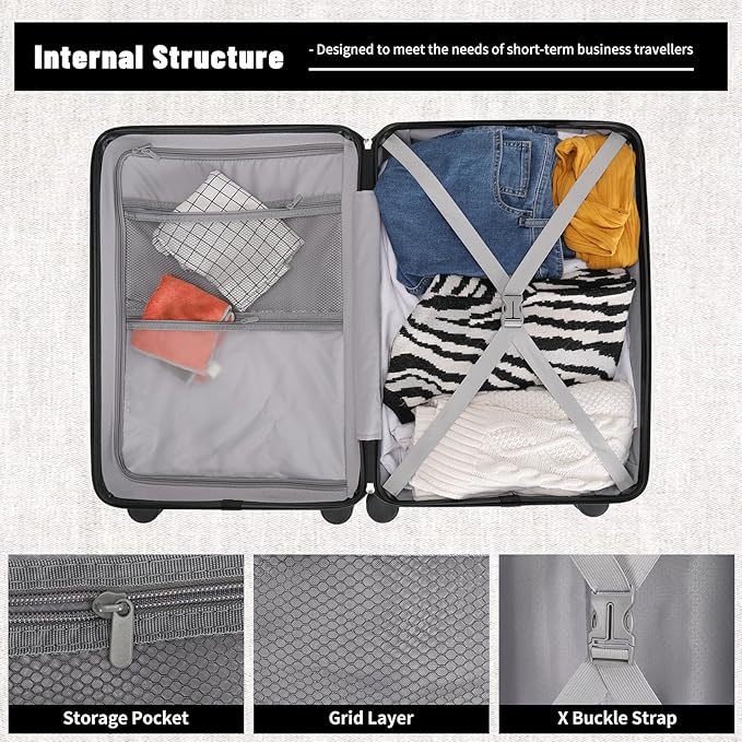 20 inch Small Carry On Luggage Front Open with Laptop Pocket, ABS+PC Hard Shell Suitcase with Spinner Wheels TSA Lock & YKK Zipper, 20in/Toiletry Bag/Handbag, Black