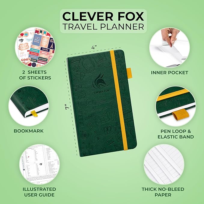 Clever Fox Travel Journal Pocket – Vacation & Road Trip Itinerary Planner Organizer & Traveling Memory Diary – Small Traveler Notebook (Forest Green)