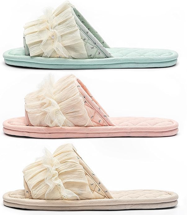 3 Pairs Floral Cotton House Slippers for Women, Open Toe Indoor Slippers Comfortable Washable Portable Foldable Guest Travel Hotel Airplane Spa Slippers