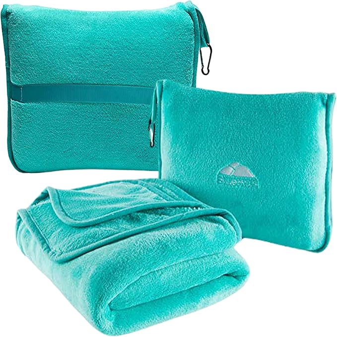 BlueHills Premium Soft Travel Blanket Pillow Airplane Blanket Packed in Soft Bag Pillowcase with Hand Luggage Belt and Backpack Clip, Compact Pack Large Warm for Any Travel (Teal Green T006)
