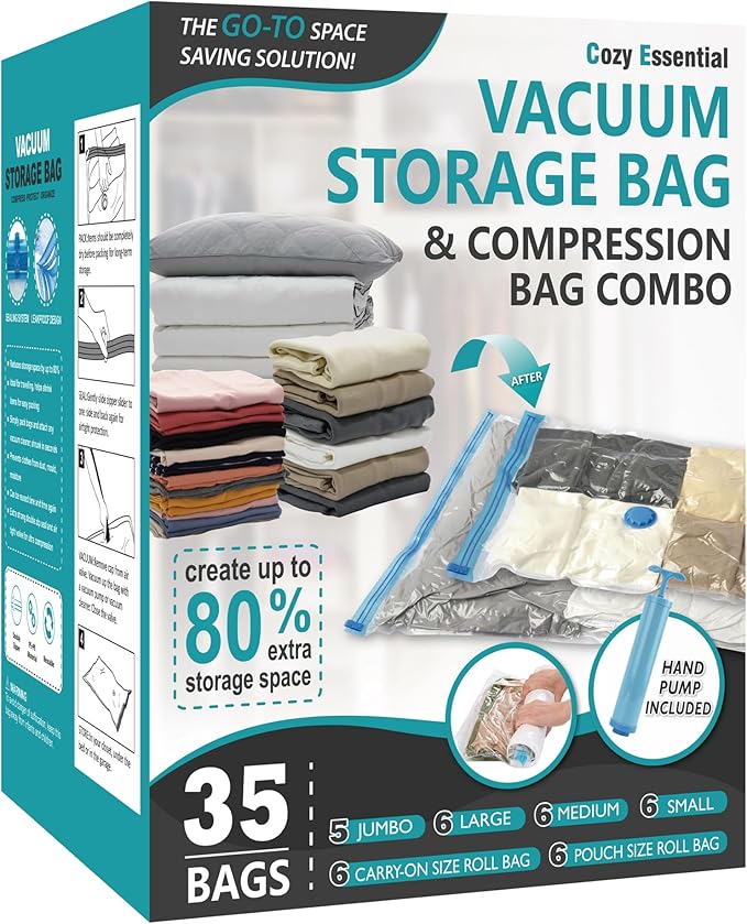 35 Pack Space Saver Bags (5 Jumbo/6 Large/6 Medium/6 Small/6 Roll-M/6 Roll-S) Compression Storage Bags for Comforters and Blankets, Vacuum Sealer Bags for Clothes Storage, Hand Pump Included