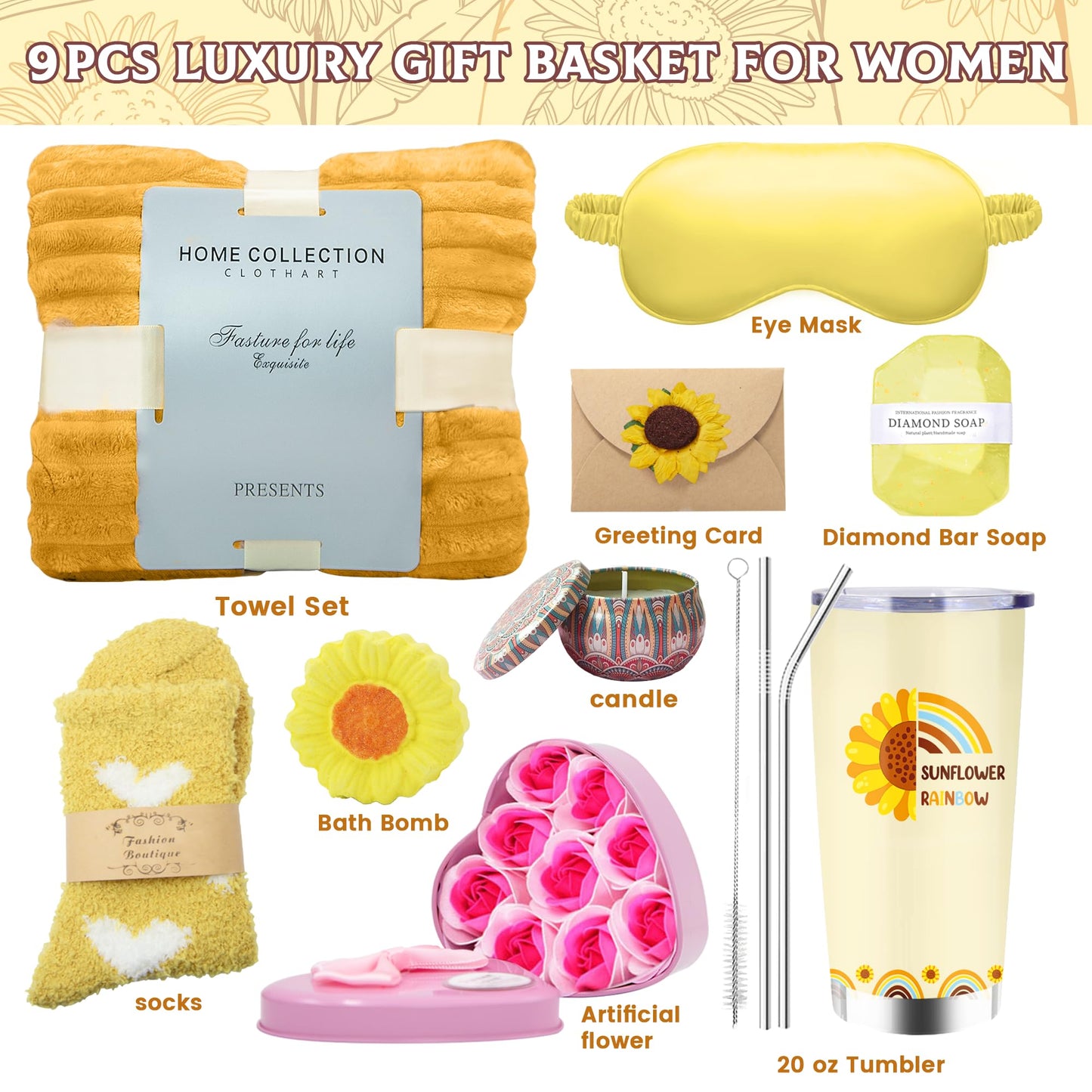Mzoyell Get Well Soon Gift Baskets for Women, Get Well Gifts for Women After Surgery Care Package 9pc, Self Care Gift Set, Thinking of You Feel Better Gift Box for Sick Friend(Sunflower Gifts)